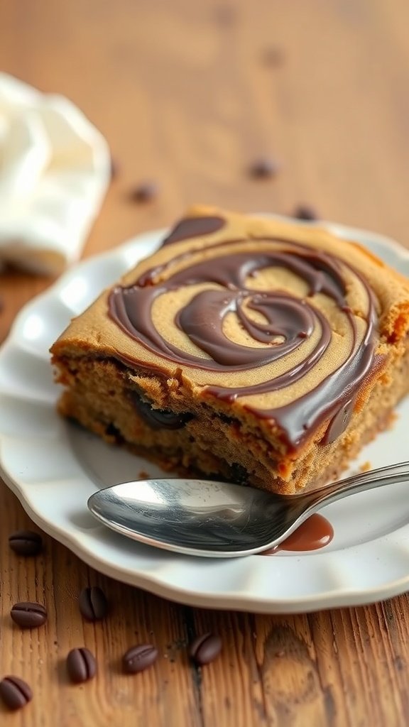 A slice of coffee cake with a Nutella swirl on a plate, with a spoon beside it.