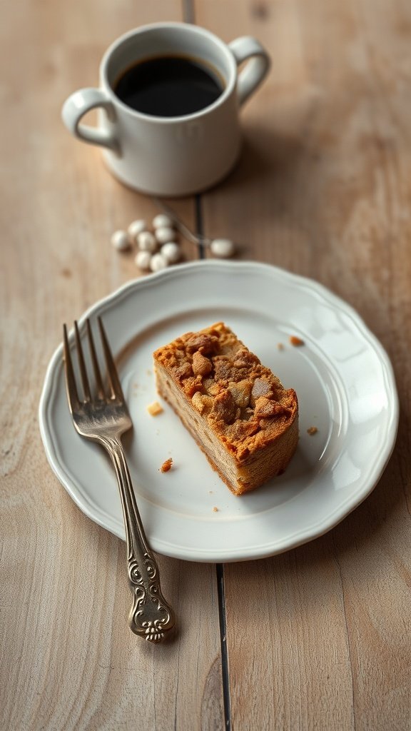 A slice of coffee crunch cake on a plate with a fork and a cup of coffee in the background.