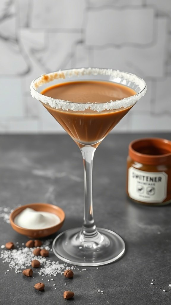 A coffee martini with a sugared rim, surrounded by sugar and coffee liqueur ingredients.