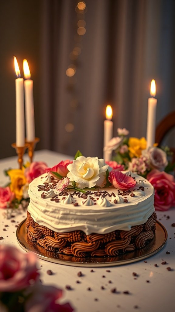 A beautifully decorated coffee cake surrounded by flowers and candles.