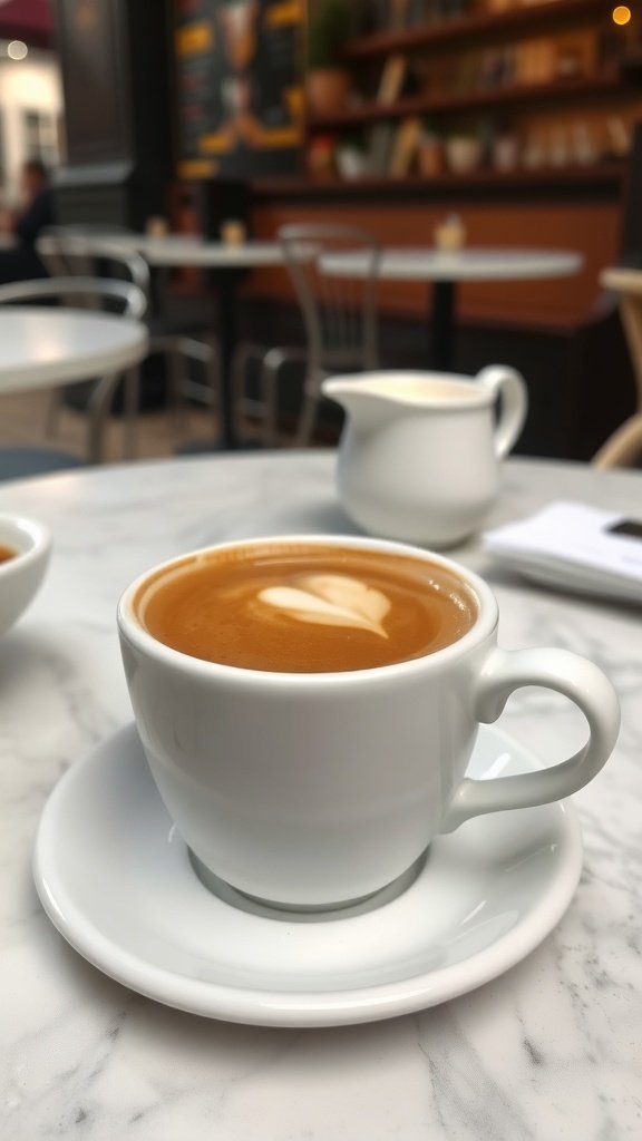 A cup of café au lait with a heart design on top, placed on a marble table.