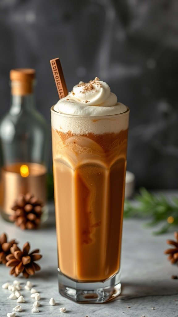 A frozen Irish coffee cocktail topped with whipped cream and a decorative straw, surrounded by pinecones and candles.