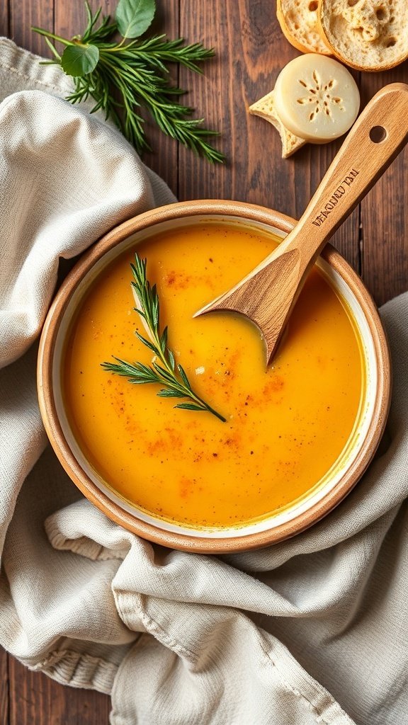 A bowl of savory coffee soup with herbs and a wooden spoon