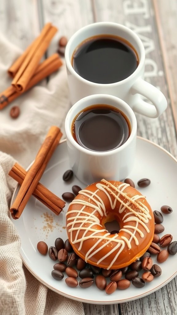 A delicious coffee donut with two cups of coffee and cinnamon sticks on a plate.