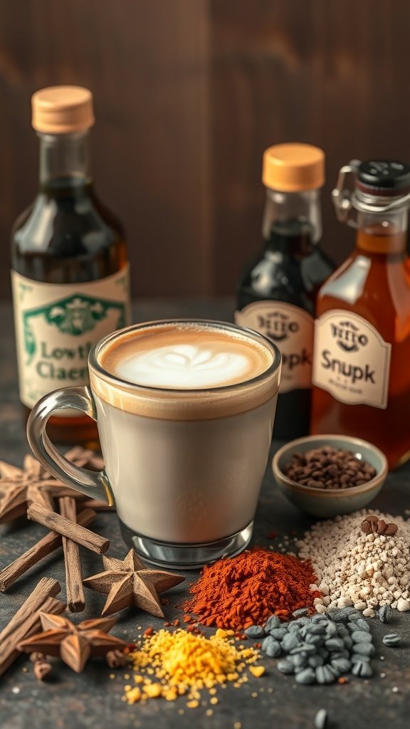 A caramel brûlée cappuccino surrounded by various spices and syrups.
