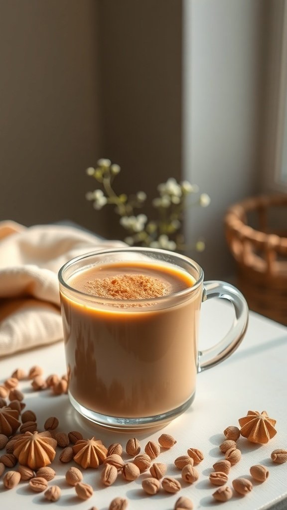 A cup of coffee with nutmeg on top, surrounded by coffee beans and a cozy setting.