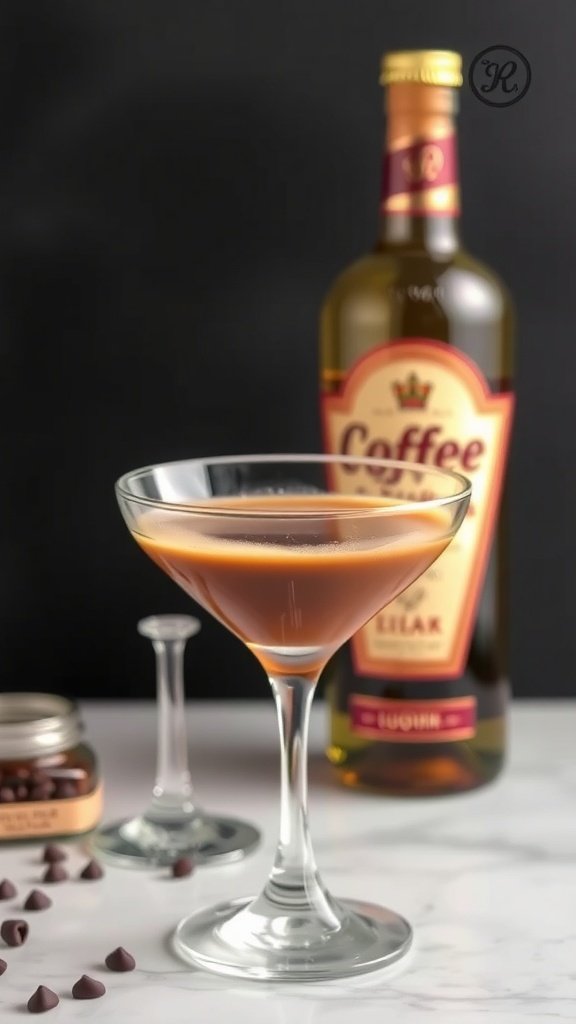 A bottle of coffee liqueur next to a coffee martini glass, showcasing the rich color and inviting appearance of the drink.