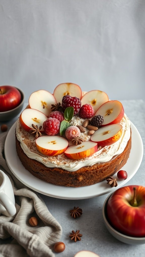 Coffee cake topped with fresh fruits like apples and berries.