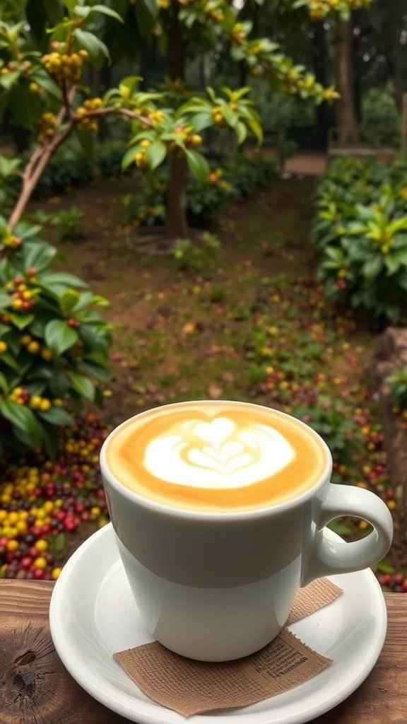 A caramel brûlée cappuccino in a white cup on a wooden table, surrounded by coffee plants.