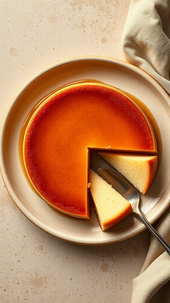 A delicious slice of coffee flan on a plate with a fork.