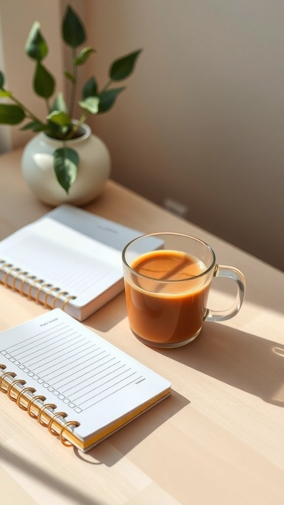 A cozy morning scene with a cup of coffee and notebooks on a table, symbolizing a healthy morning routine.