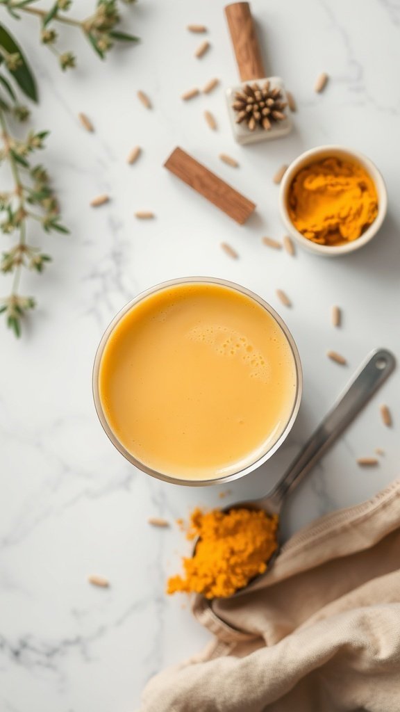 A golden milk latte in a glass with turmeric and spices around it.