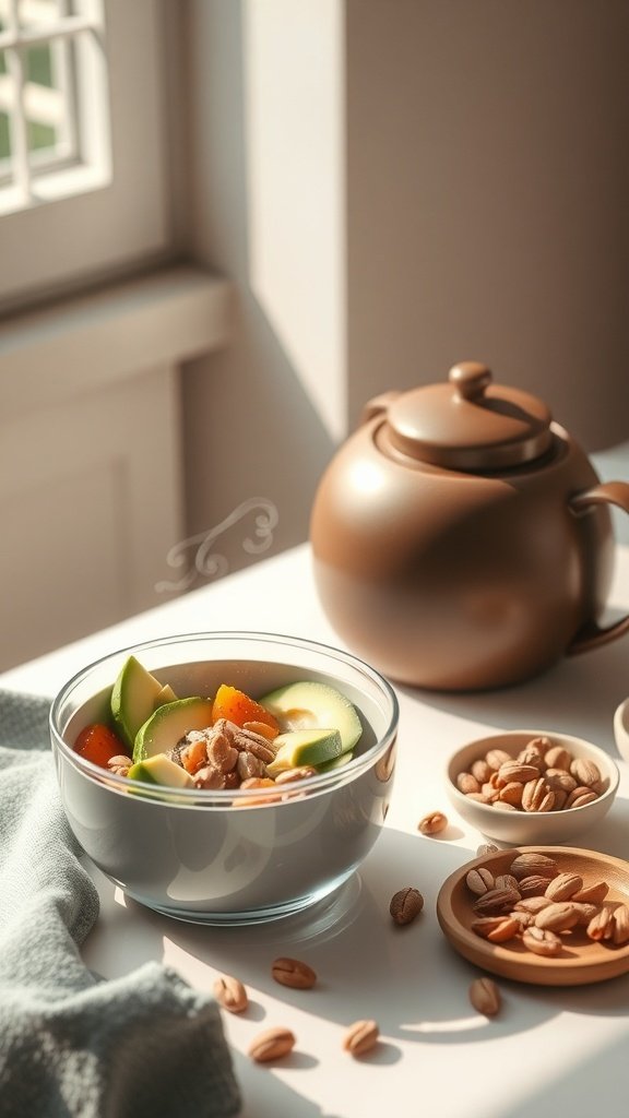 A bowl of fresh fruits and nuts next to a teapot, symbolizing a healthy breakfast routine.