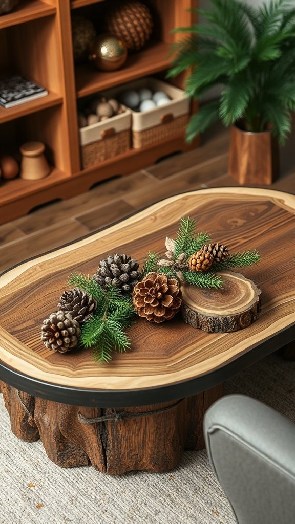 A rustic coffee table decorated with pinecones and greenery.