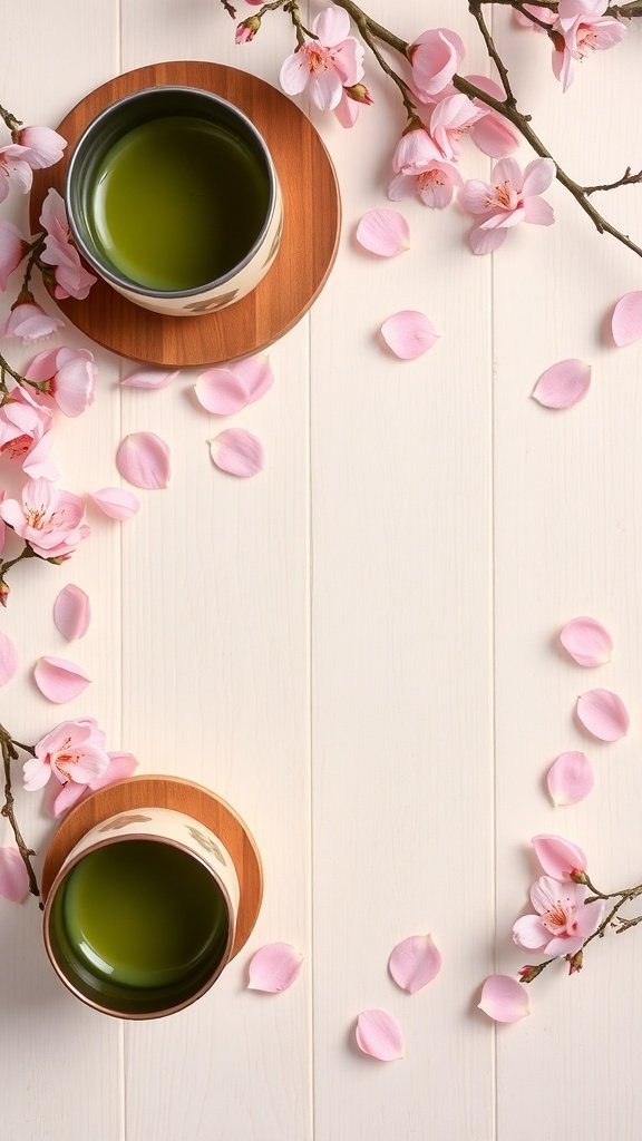 Matcha tea cups surrounded by cherry blossom petals