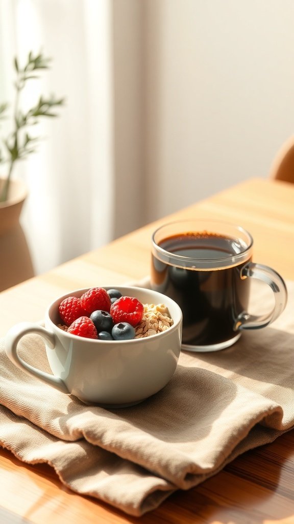 A cozy breakfast scene featuring a cup of black coffee and a bowl of oatmeal topped with fresh berries.