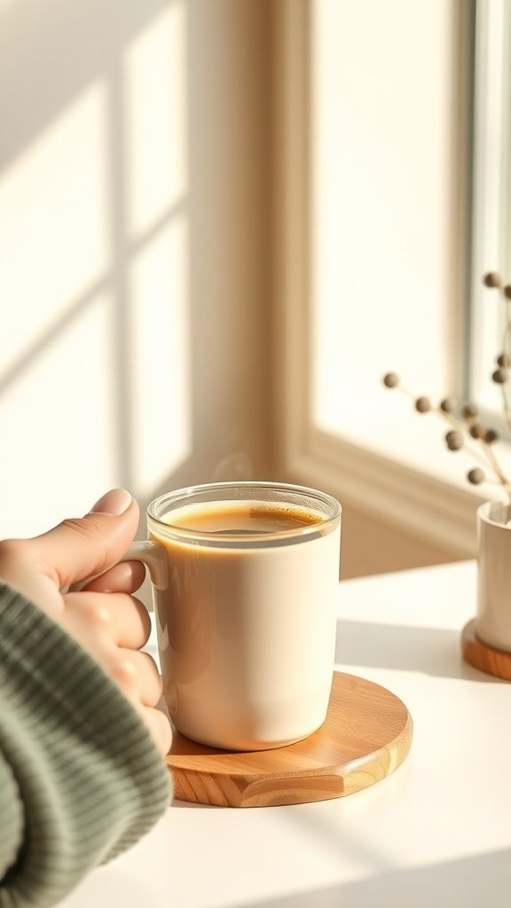 A hand holding a steaming cup of coffee on a wooden coaster with sunlight streaming in.