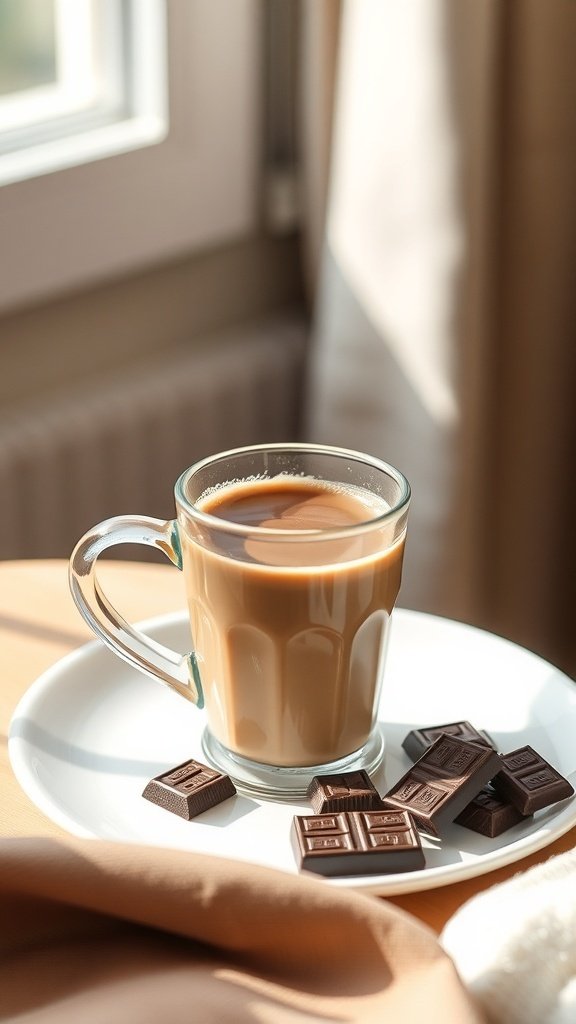 A glass of coffee beside pieces of dark chocolate on a plate