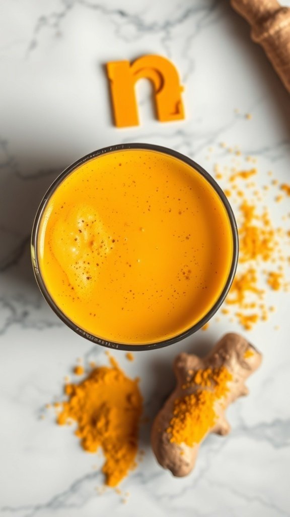 A vibrant golden turmeric latte with spices and ginger on a marble surface.