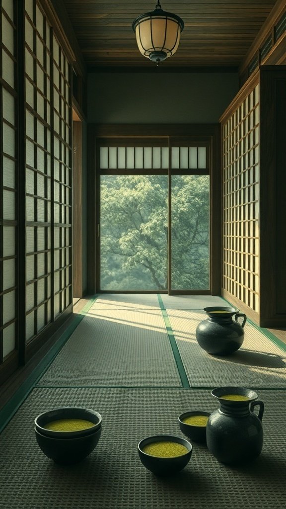 Traditional Kyoto-inspired matcha tea ceremony setup with minimalist decor.