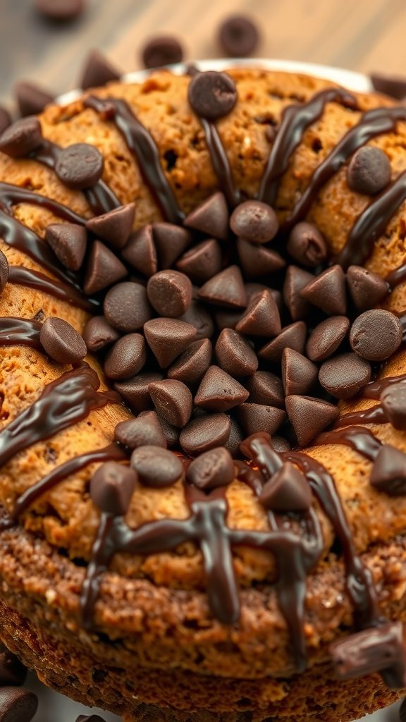 Close-up of a coffee cake topped with chocolate chips and drizzled chocolate.