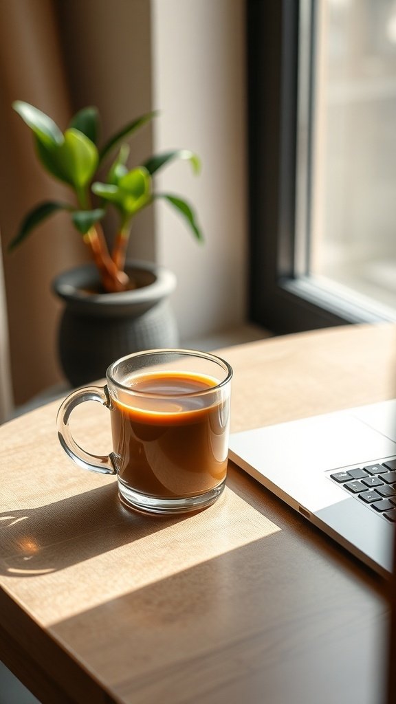 A cup of coffee on a wooden table next to a laptop and a plant.