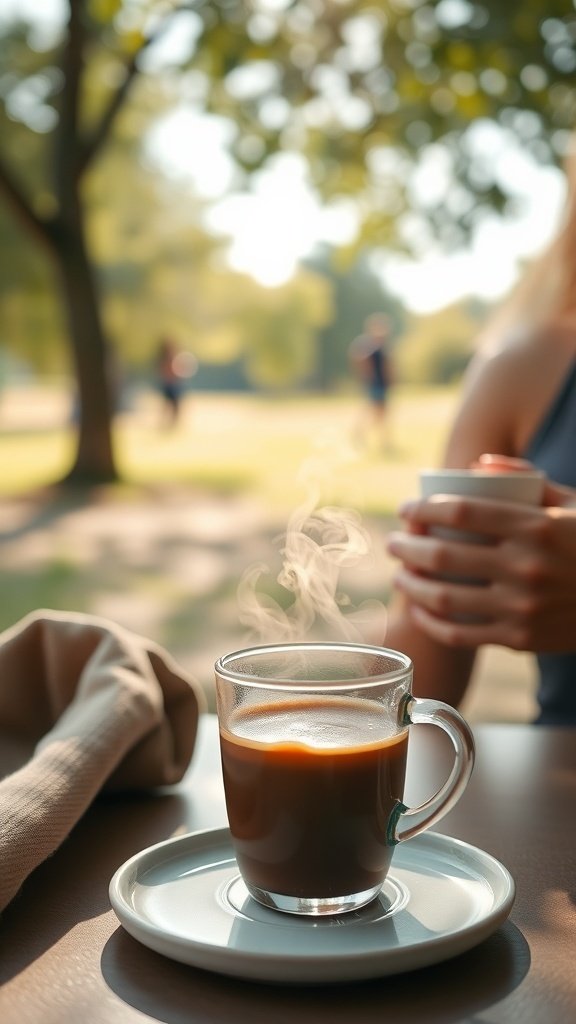 A steaming cup of coffee on a table with a person holding another cup in the background.