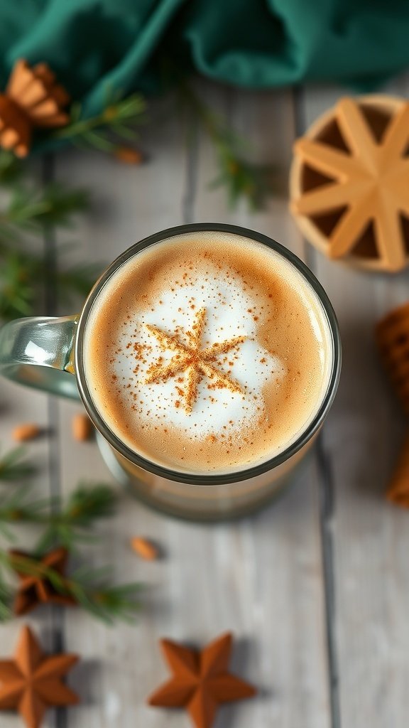 A cozy cup of Irish coffee with a star-shaped design on top, surrounded by festive decorations.