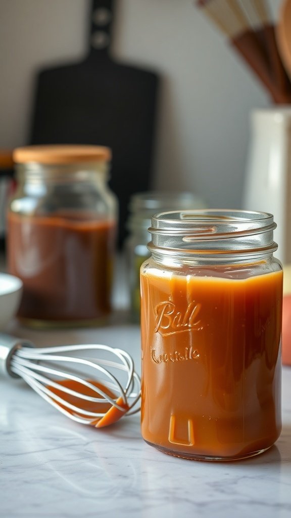 A jar of homemade caramel sauce with a whisk and small bowls in the background.