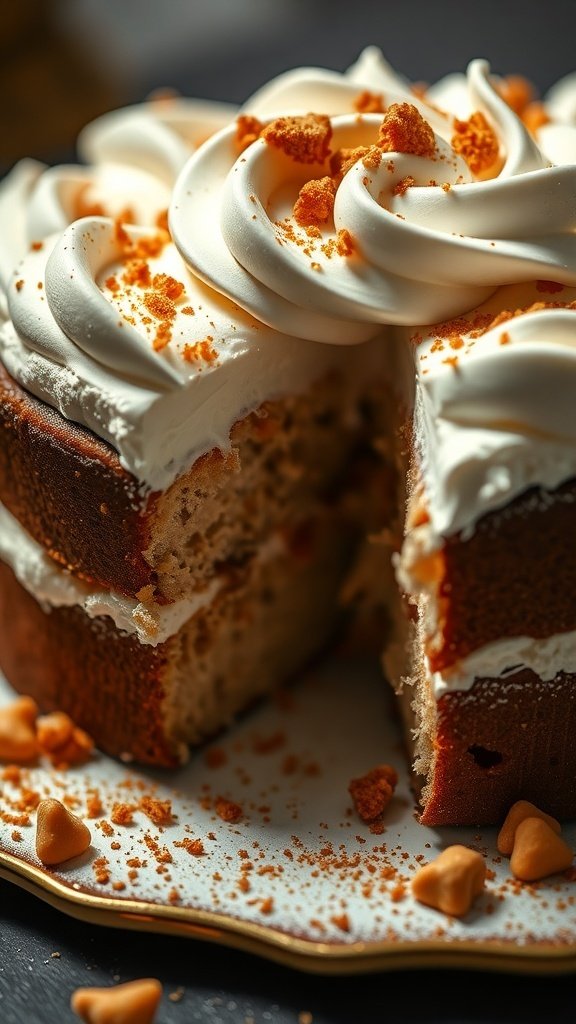 A delicious coffee crunch cake with creamy frosting and toppings.