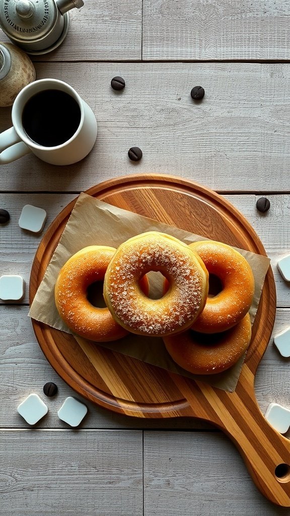 A plate of homemade coffee donuts with a cup of coffee.