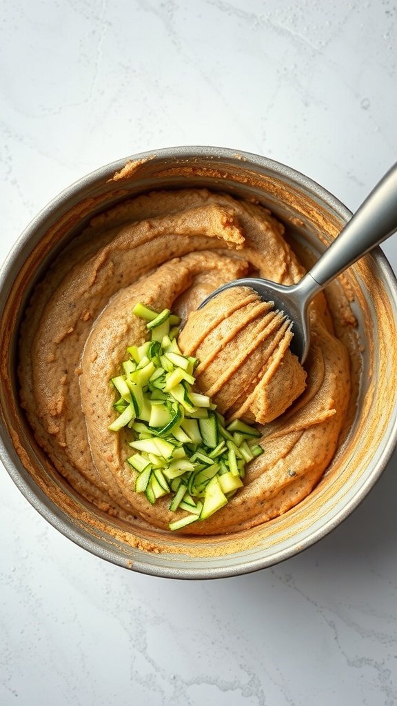 Bowl of coffee cake batter with grated zucchini on top