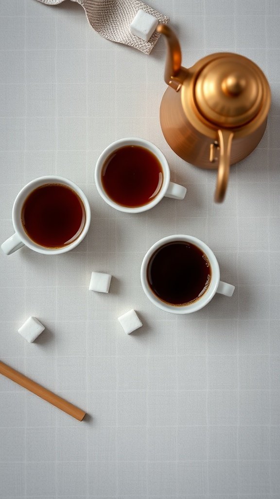 A cezve pot with three cups of Turkish coffee and sugar cubes on a table.
