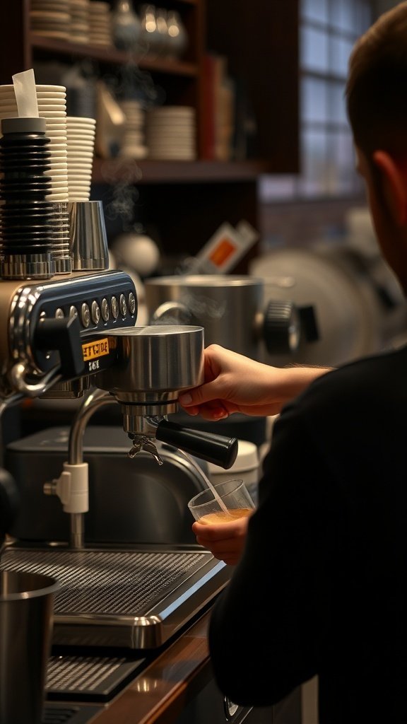 A person preparing espresso with a coffee machine in a cozy cafe setting.