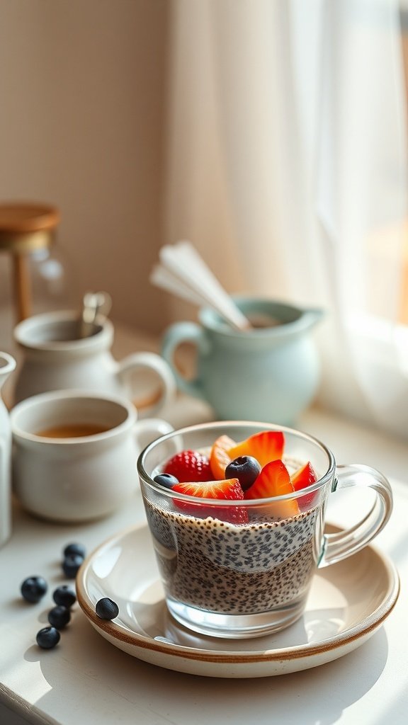 A glass cup of chia seed pudding topped with fruits, with coffee cups in the background.