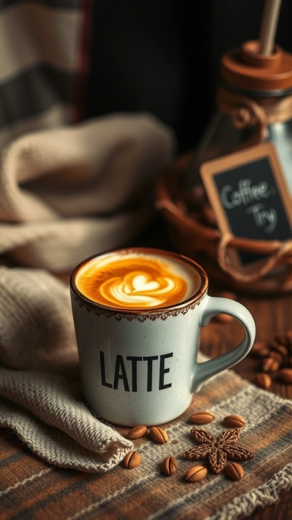 A cozy cup of Spanish latte with a heart design on top, surrounded by coffee beans and a knitted cloth.