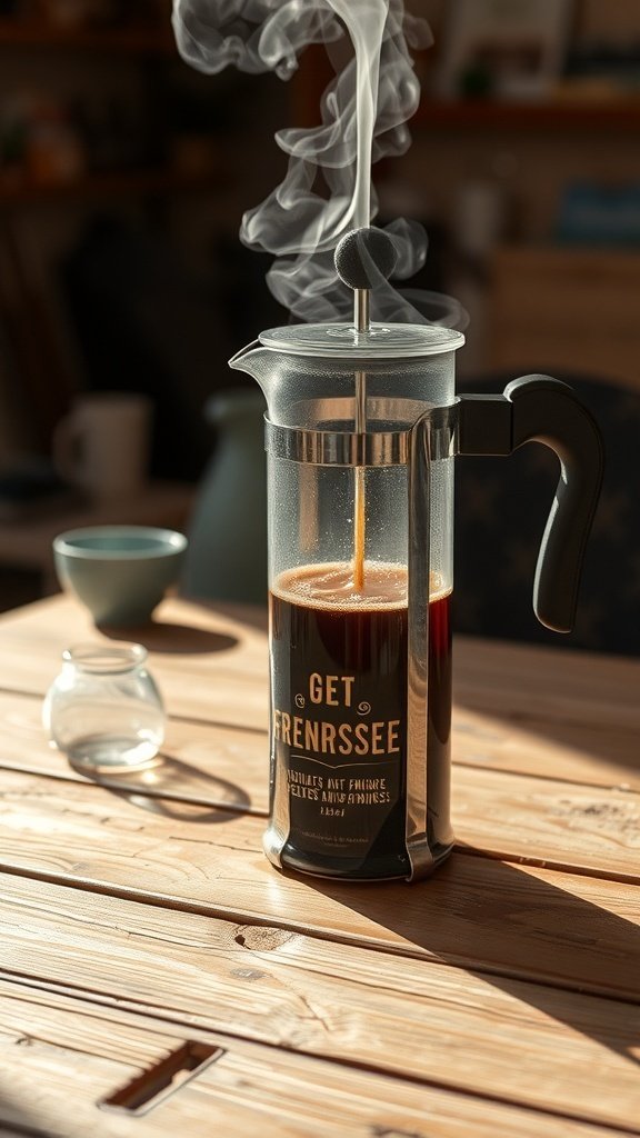 A French press brewing coffee with steam rising, set on a wooden table.