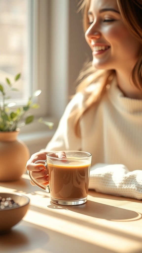 A woman enjoying a cup of coffee by the window, smiling and relaxed.