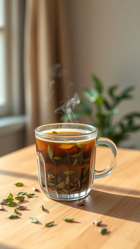 A steaming cup of coffee with herbs on a wooden table