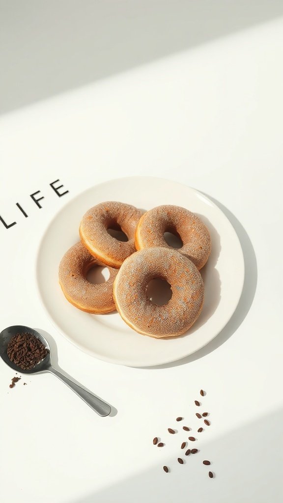 A plate of coffee donuts with a spoonful of coffee grounds beside it.