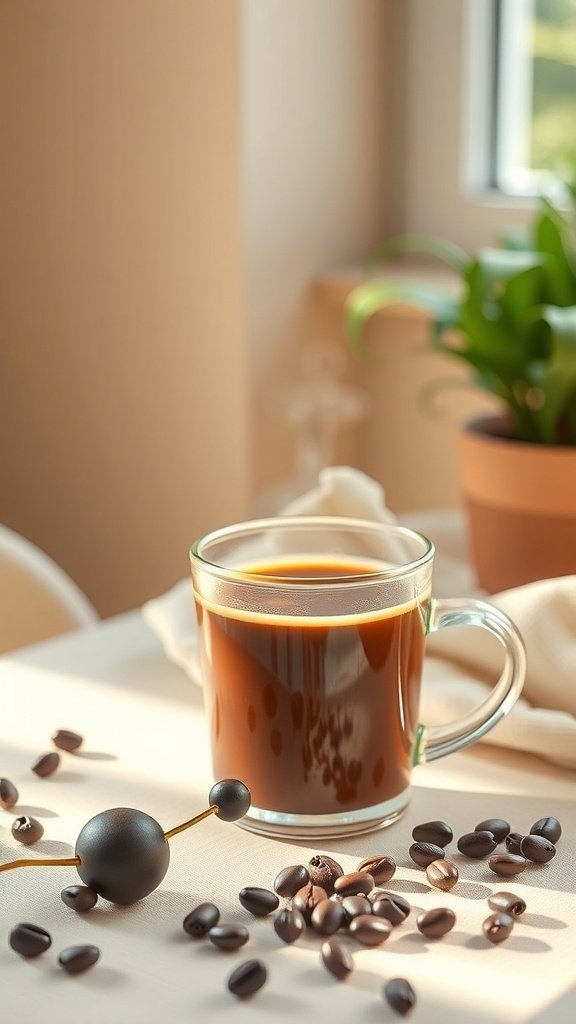 A cup of coffee surrounded by coffee beans and a plant, symbolizing a healthy coffee routine.