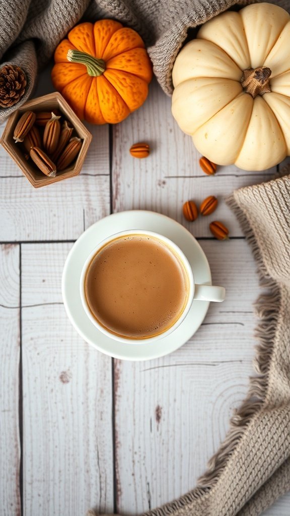 A warm cup of pumpkin spice latte surrounded by pumpkins and nuts on a wooden table.