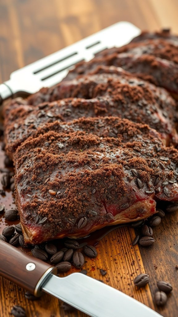 A brisket coated with a coffee rub, surrounded by coffee beans.