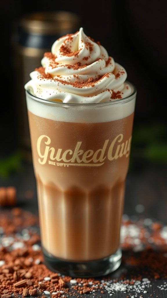 A delicious frozen Irish coffee topped with whipped cream and cocoa powder.