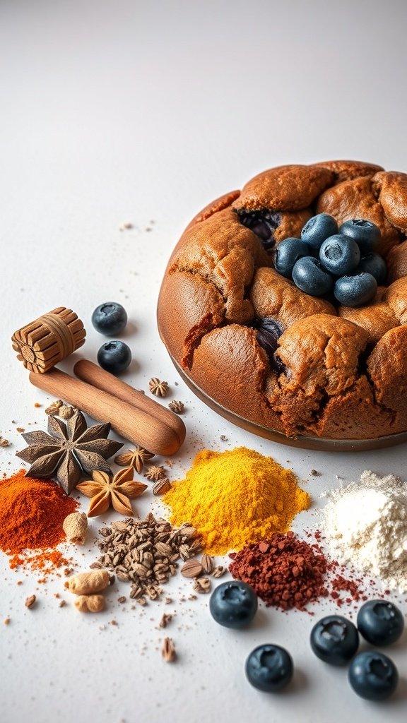 Blueberry sour cream coffee cake with various spices around it