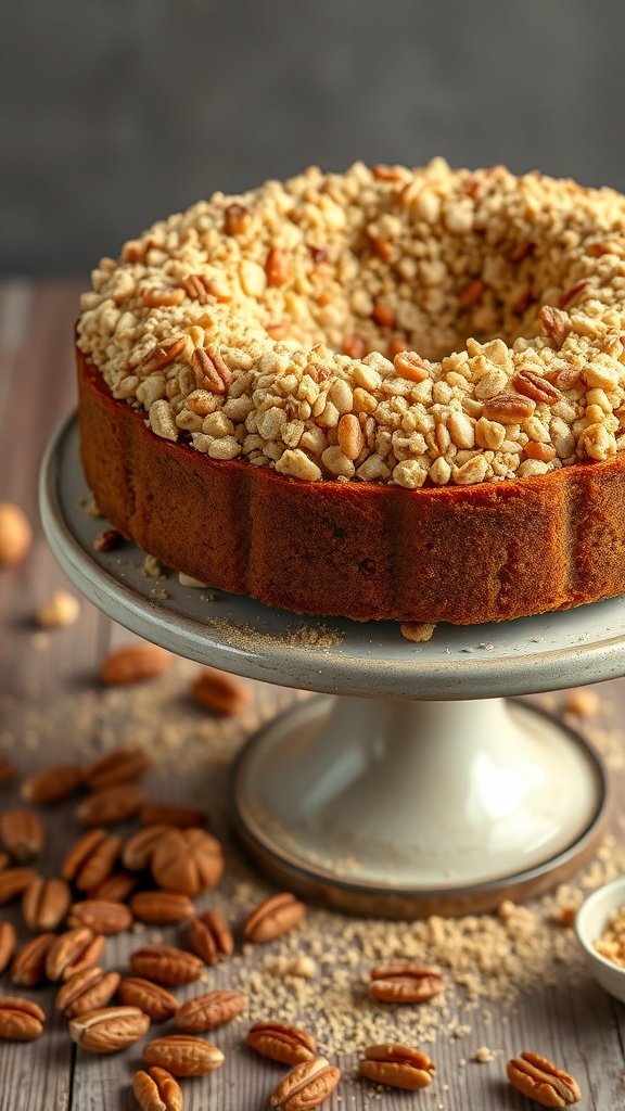 A delicious nutty streusel topped coffee cake on a cake stand, surrounded by pecans.