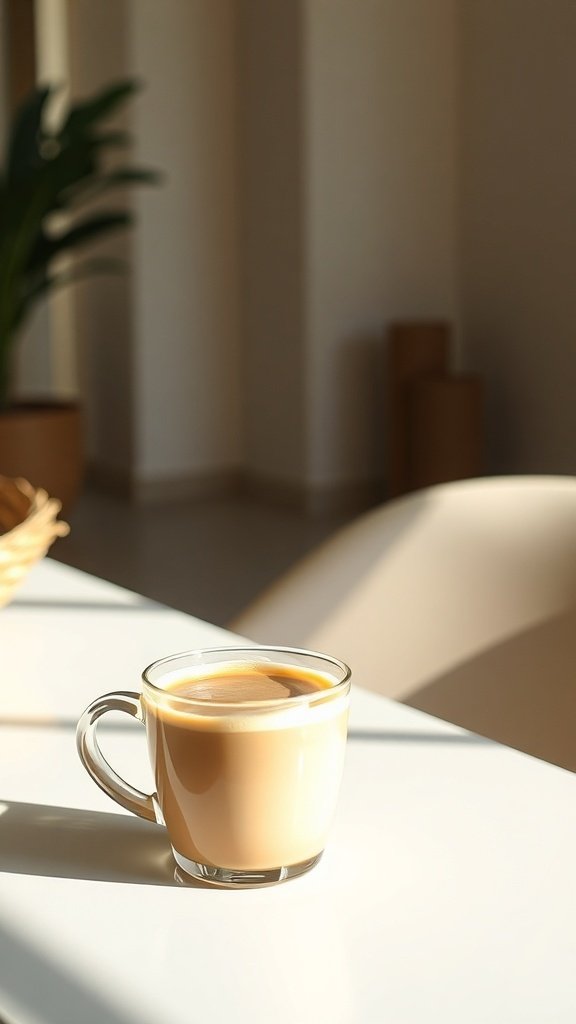 A cup of coffee on a table with soft lighting