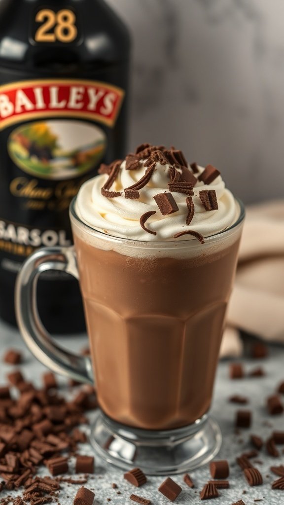 A glass of Baileys Chocolate Coffee topped with whipped cream and chocolate shavings, with a bottle of Baileys in the background.