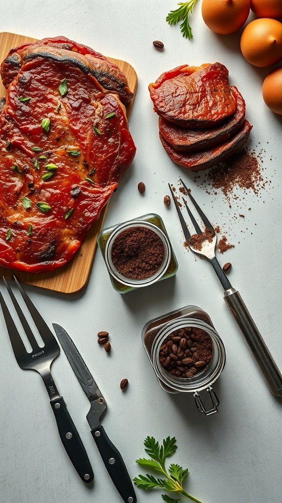 Coffee rub ingredients and grilled meat on a wooden board