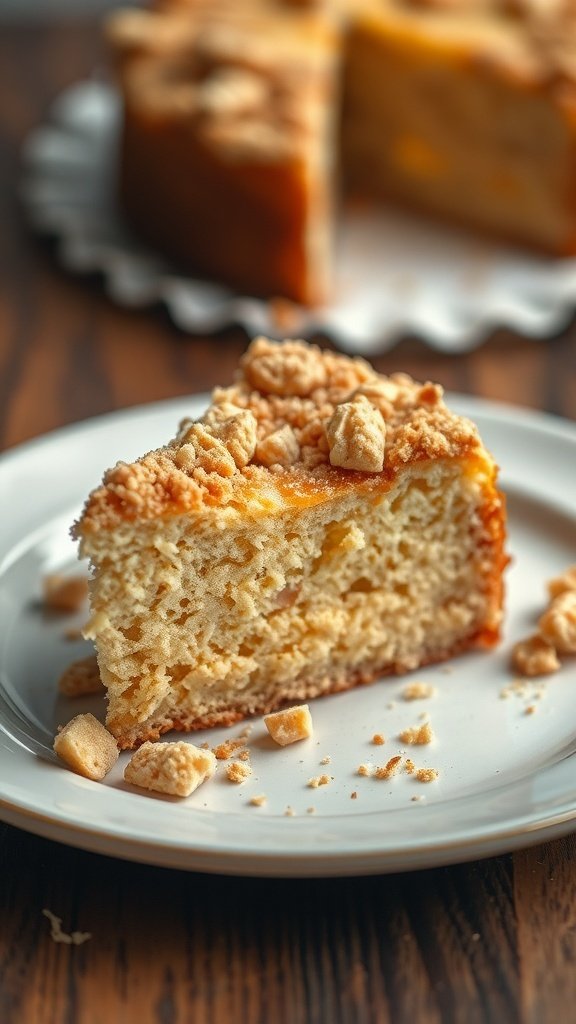 A slice of coffee crunch cake with a crumbly top on a white plate.